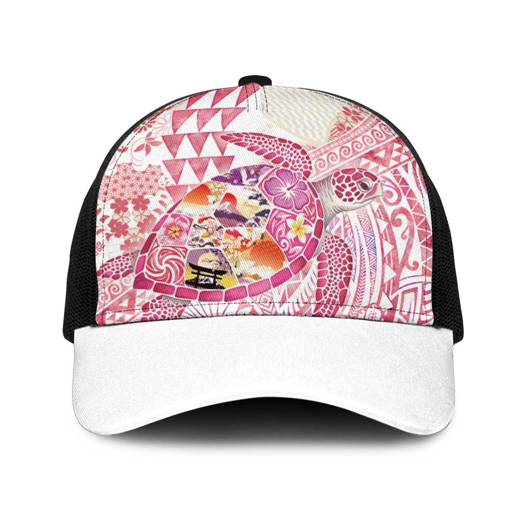 Hawaiian and Japanese Culture Together Baseball Net Cap Tropical Honu with Japanese Elements Pink Color LT03 One Size Black Pink - Polynesian Pride