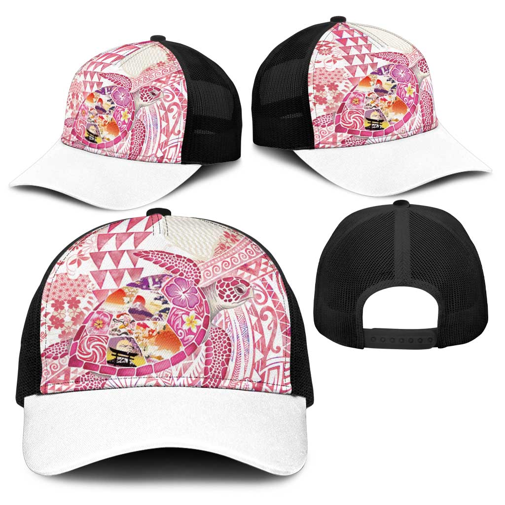 Hawaiian and Japanese Culture Together Baseball Net Cap Tropical Honu with Japanese Elements Pink Color LT03 - Polynesian Pride