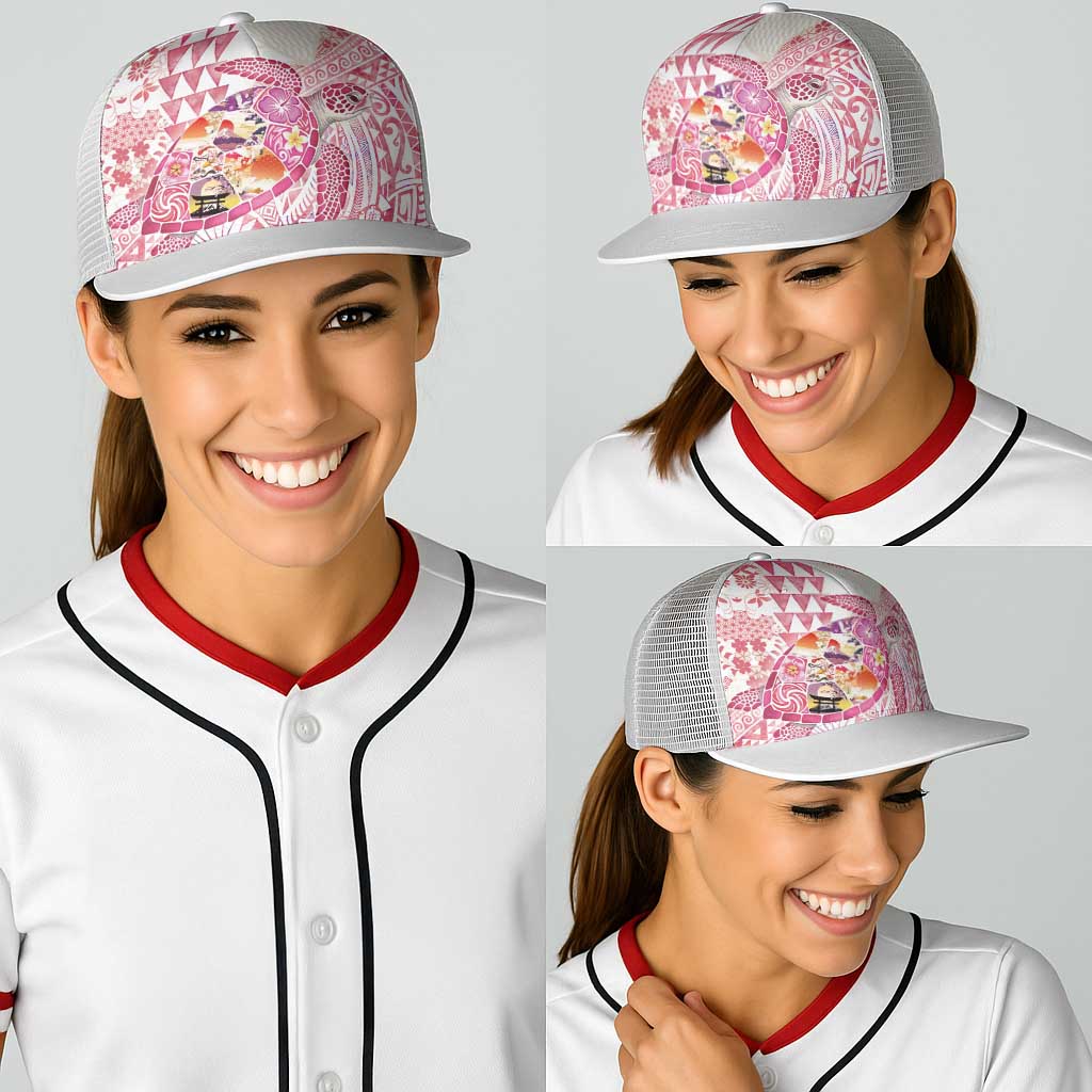 Hawaiian and Japanese Culture Together Baseball Net Cap Tropical Honu with Japanese Elements Pink Color LT03 - Polynesian Pride