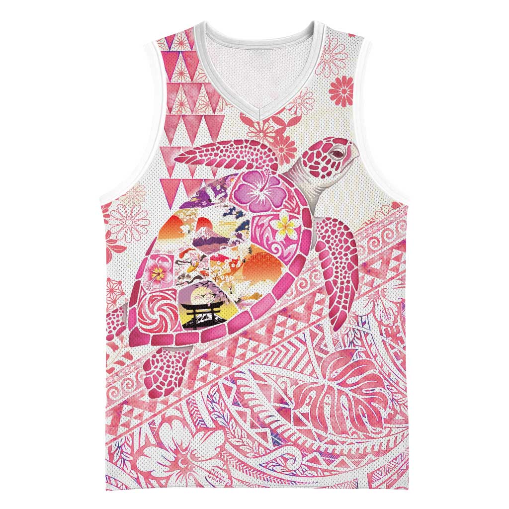 Hawaiian and Japanese Culture Together Basketball Jersey Tropical Honu with Japanese Elements Pink Color LT03 Unisex Pink - Polynesian Pride
