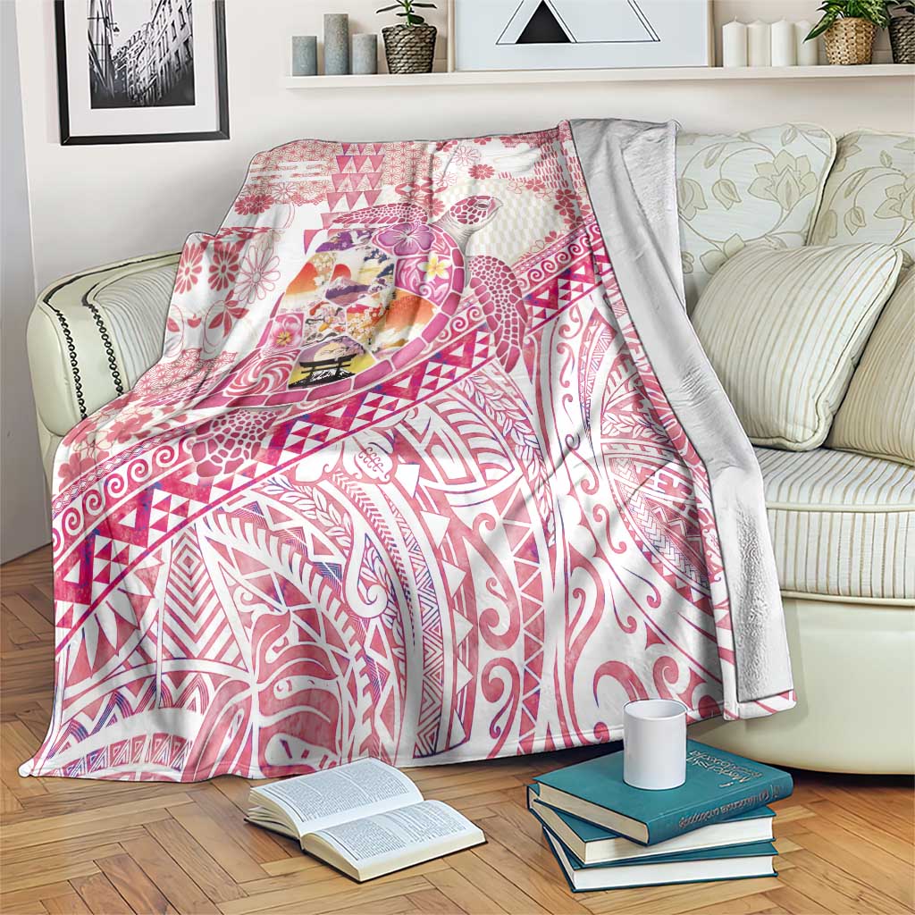 Hawaiian and Japanese Culture Together Blanket Tropical Honu with Japanese Elements Pink Color LT03 Pink - Polynesian Pride