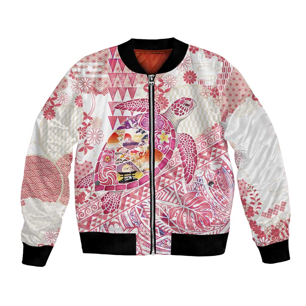 Hawaiian and Japanese Culture Together Bomber Jacket Tropical Honu with Japanese Elements Pink Color LT03 Unisex Pink - Polynesian Pride