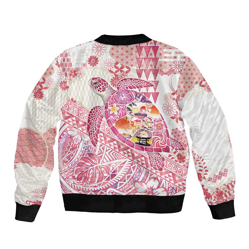 Hawaiian and Japanese Culture Together Bomber Jacket Tropical Honu with Japanese Elements Pink Color LT03 - Polynesian Pride