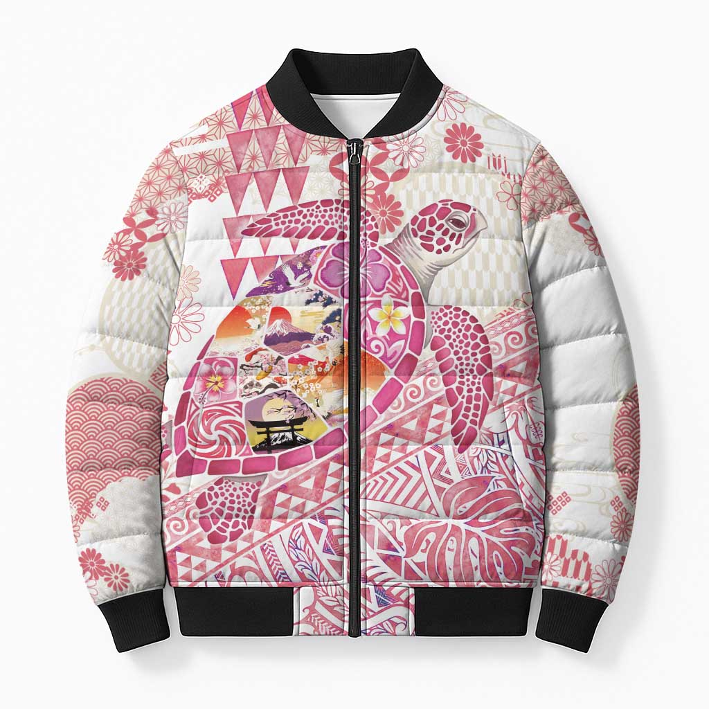 Hawaiian and Japanese Culture Together Bomber Puffer Jacket Tropical Honu with Japanese Elements Pink Color LT03 Unisex Pink - Polynesian Pride