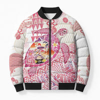 Hawaiian and Japanese Culture Together Bomber Puffer Jacket Tropical Honu with Japanese Elements Pink Color LT03 Unisex Pink - Polynesian Pride