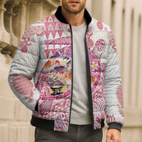 Hawaiian and Japanese Culture Together Bomber Puffer Jacket Tropical Honu with Japanese Elements Pink Color LT03 - Polynesian Pride