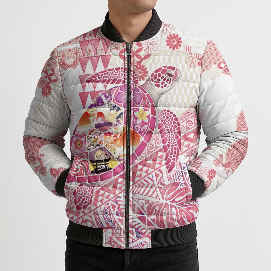 Hawaiian and Japanese Culture Together Bomber Puffer Jacket Tropical Honu with Japanese Elements Pink Color LT03 - Polynesian Pride