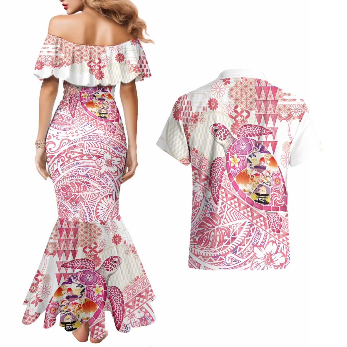 Hawaiian and Japanese Culture Together Couples Matching Mermaid Dress and Hawaiian Shirt Tropical Honu with Japanese Elements Pink Color