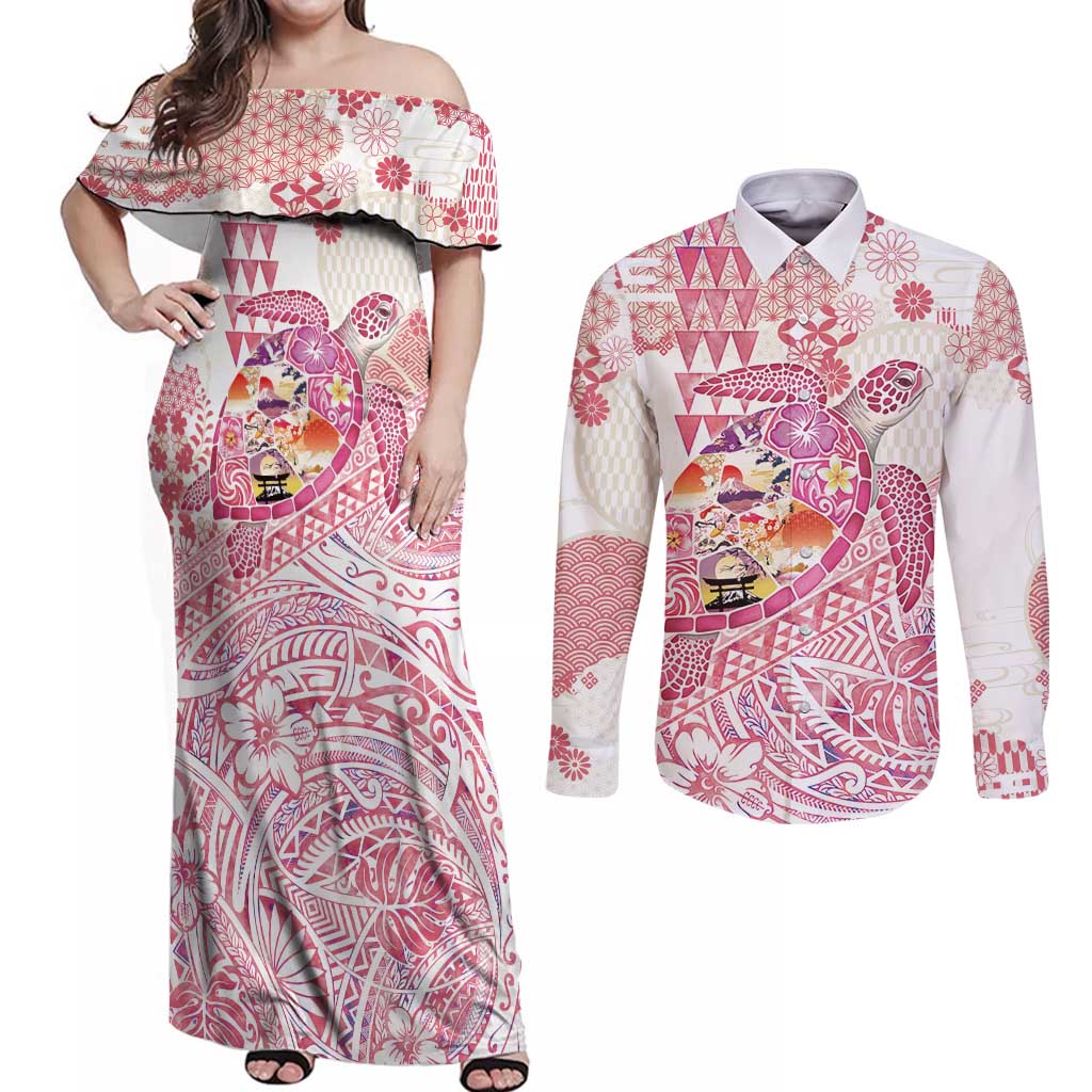 Hawaiian and Japanese Culture Together Couples Matching Off Shoulder Maxi Dress and Long Sleeve Button Shirt Tropical Honu with Japanese Elements Pink Color