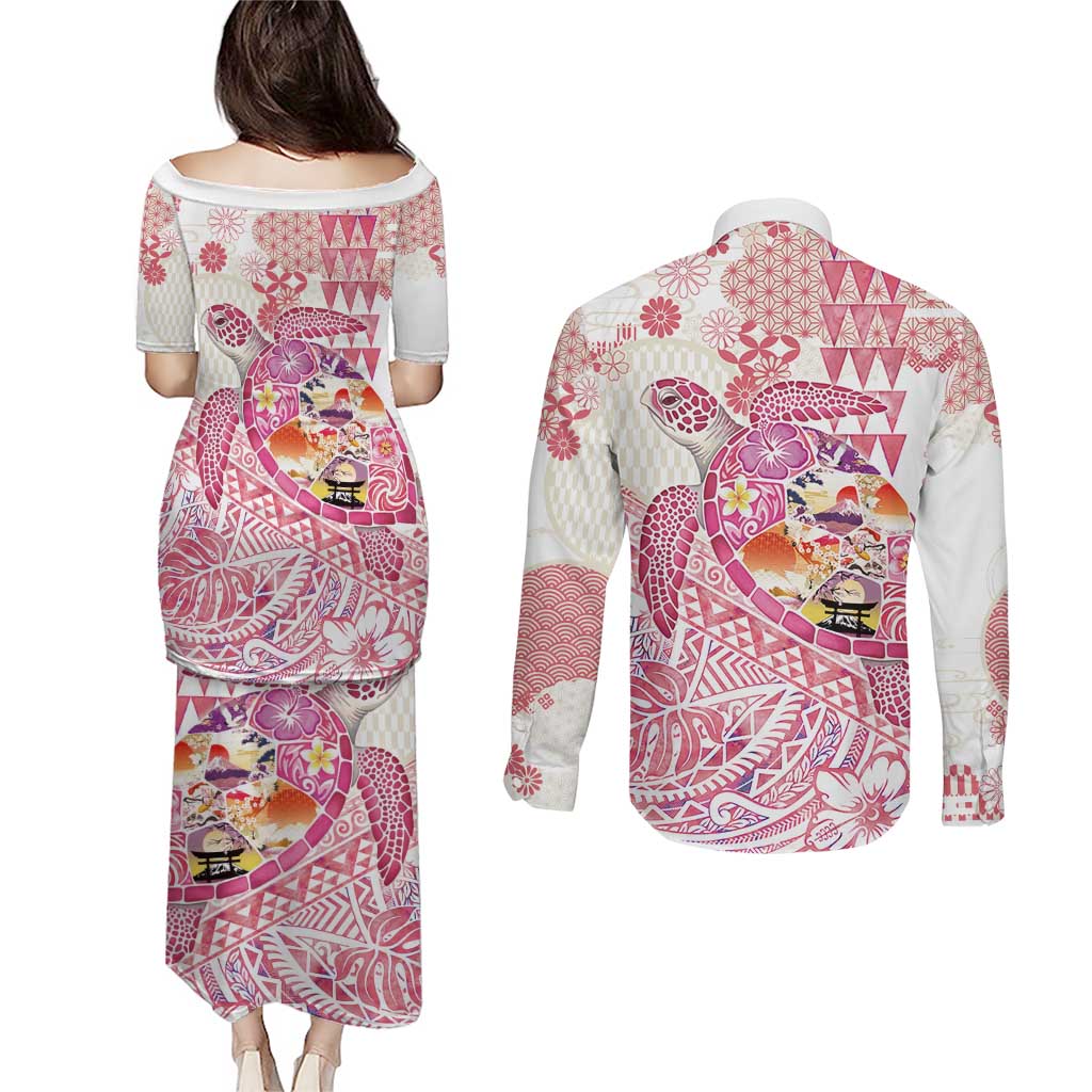 Hawaiian and Japanese Culture Together Couples Matching Puletasi and Long Sleeve Button Shirt Tropical Honu with Japanese Elements Pink Color
