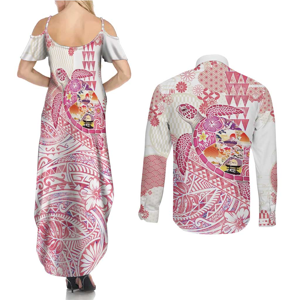 Hawaiian and Japanese Culture Together Couples Matching Summer Maxi Dress and Long Sleeve Button Shirt Tropical Honu with Japanese Elements Pink Color