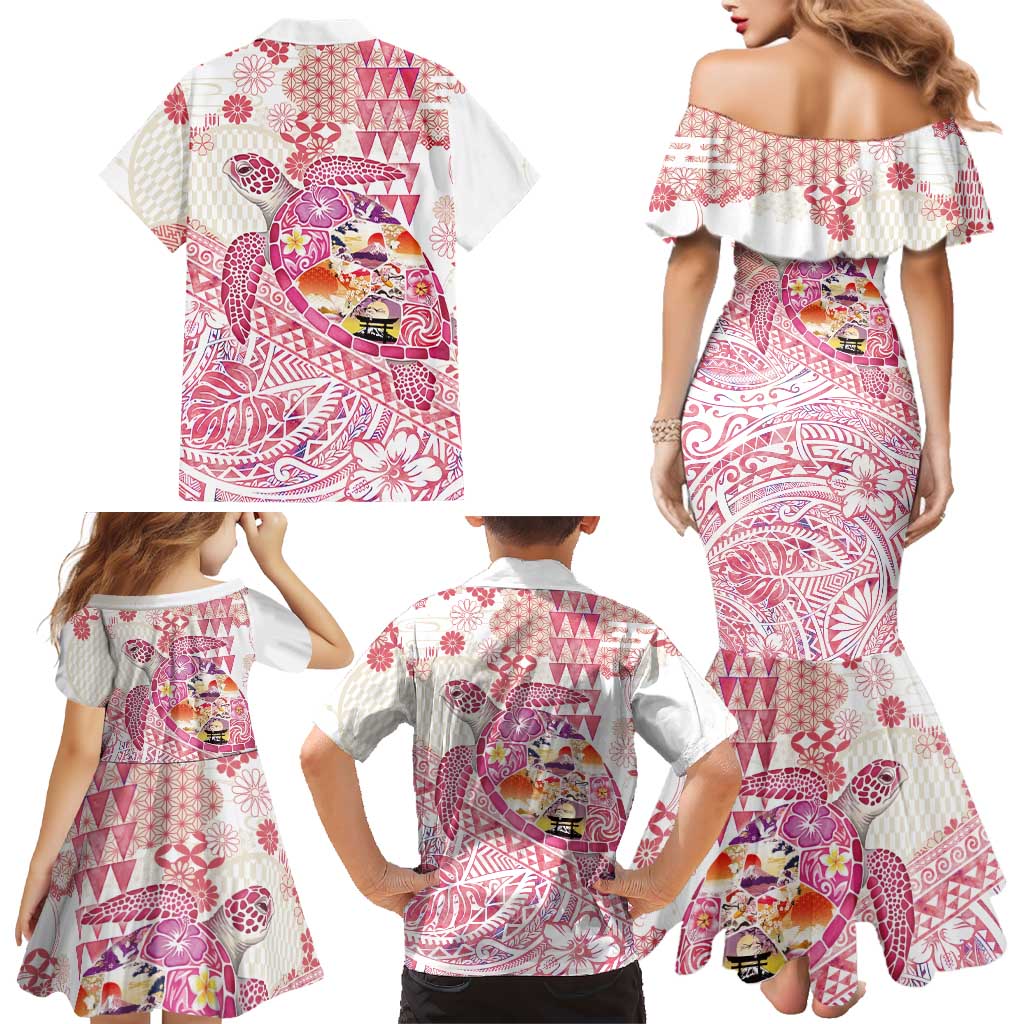 Hawaiian and Japanese Culture Together Family Matching Mermaid Dress and Hawaiian Shirt Tropical Honu with Japanese Elements Pink Color