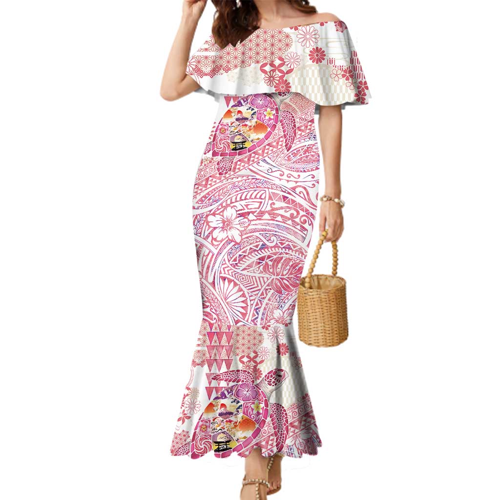 Hawaiian and Japanese Culture Together Family Matching Mermaid Dress and Hawaiian Shirt Tropical Honu with Japanese Elements Pink Color