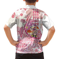 Hawaiian and Japanese Culture Together Family Matching Off Shoulder Short Dress and Hawaiian Shirt Tropical Honu with Japanese Elements Pink Color