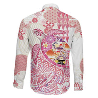 Hawaiian and Japanese Culture Together Family Matching Off Shoulder Short Dress and Hawaiian Shirt Tropical Honu with Japanese Elements Pink Color