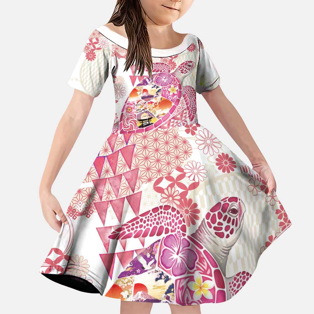 Hawaiian and Japanese Culture Together Family Matching Puletasi and Hawaiian Shirt Tropical Honu with Japanese Elements Pink Color