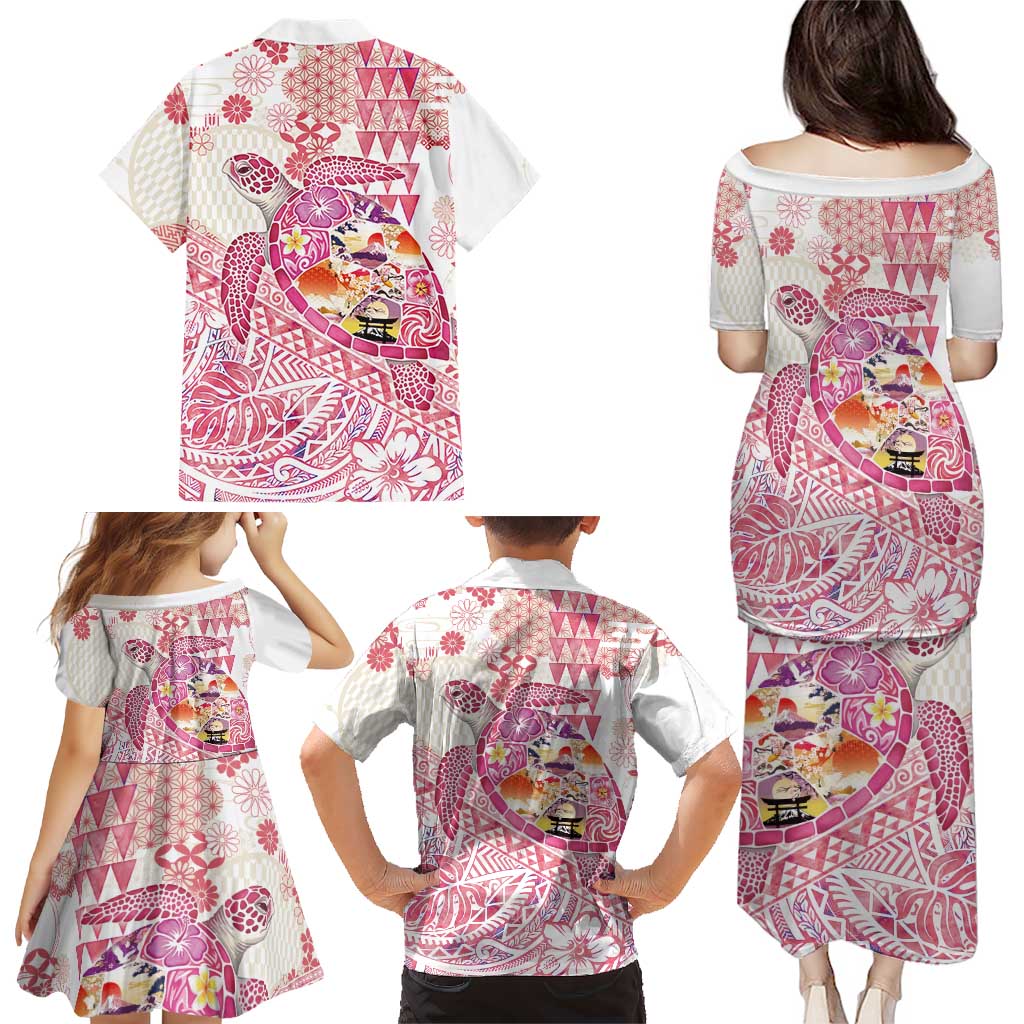 Hawaiian and Japanese Culture Together Family Matching Puletasi and Hawaiian Shirt Tropical Honu with Japanese Elements Pink Color