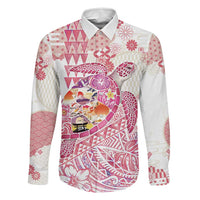Hawaiian and Japanese Culture Together Family Matching Puletasi and Hawaiian Shirt Tropical Honu with Japanese Elements Pink Color