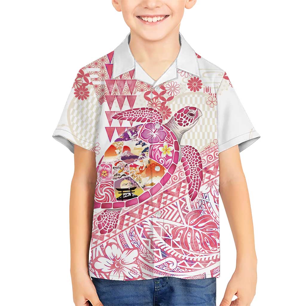 Hawaiian and Japanese Culture Together Family Matching Puletasi and Hawaiian Shirt Tropical Honu with Japanese Elements Pink Color