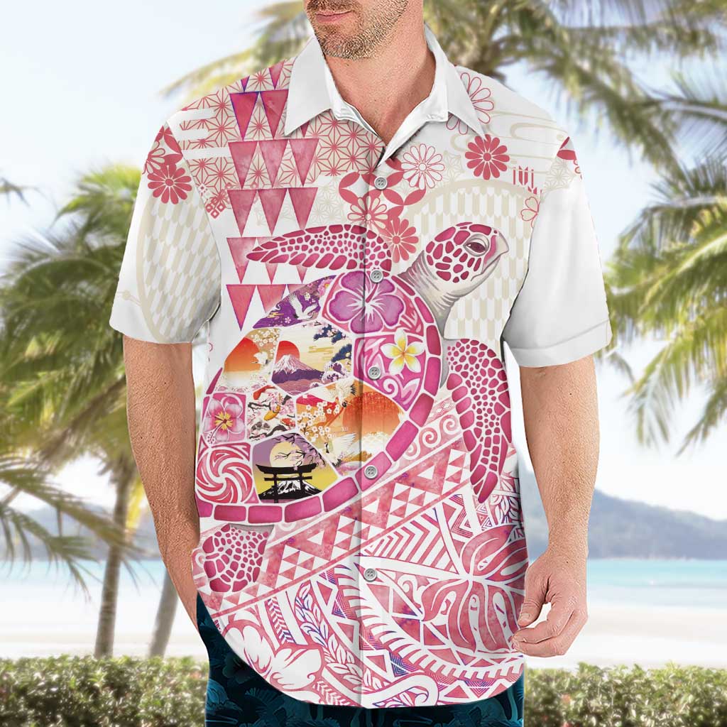 Hawaiian and Japanese Culture Together Hawaiian Shirt Tropical Honu with Japanese Elements Pink Color