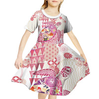 Hawaiian and Japanese Culture Together Kid Short Sleeve Dress Tropical Honu with Japanese Elements Pink Color
