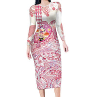 Hawaiian and Japanese Culture Together Long Sleeve Bodycon Dress Tropical Honu with Japanese Elements Pink Color