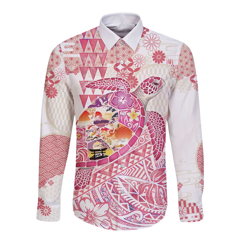 Hawaiian and Japanese Culture Together Long Sleeve Button Shirt Tropical Honu with Japanese Elements Pink Color LT03 Unisex Pink - Polynesian Pride
