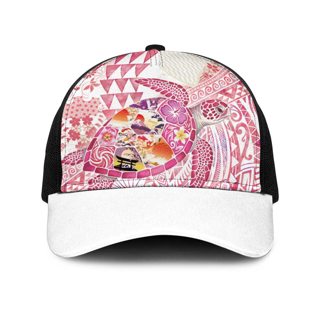 Hawaiian and Japanese Culture Together Mesh Trucker Cap Tropical Honu with Japanese Elements Pink Color LT03 One Size Black Pink - Polynesian Pride
