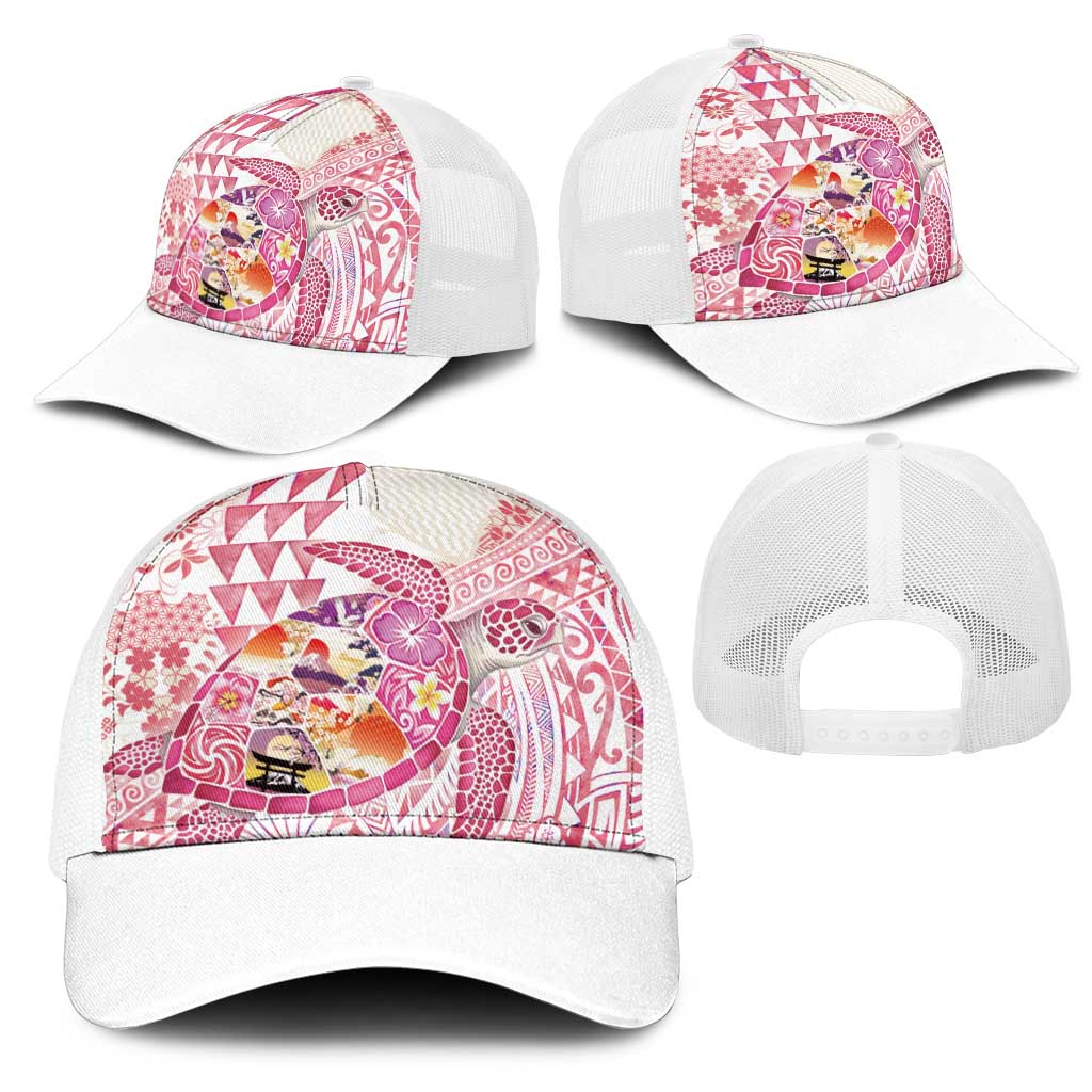 Hawaiian and Japanese Culture Together Mesh Trucker Cap Tropical Honu with Japanese Elements Pink Color LT03 - Polynesian Pride