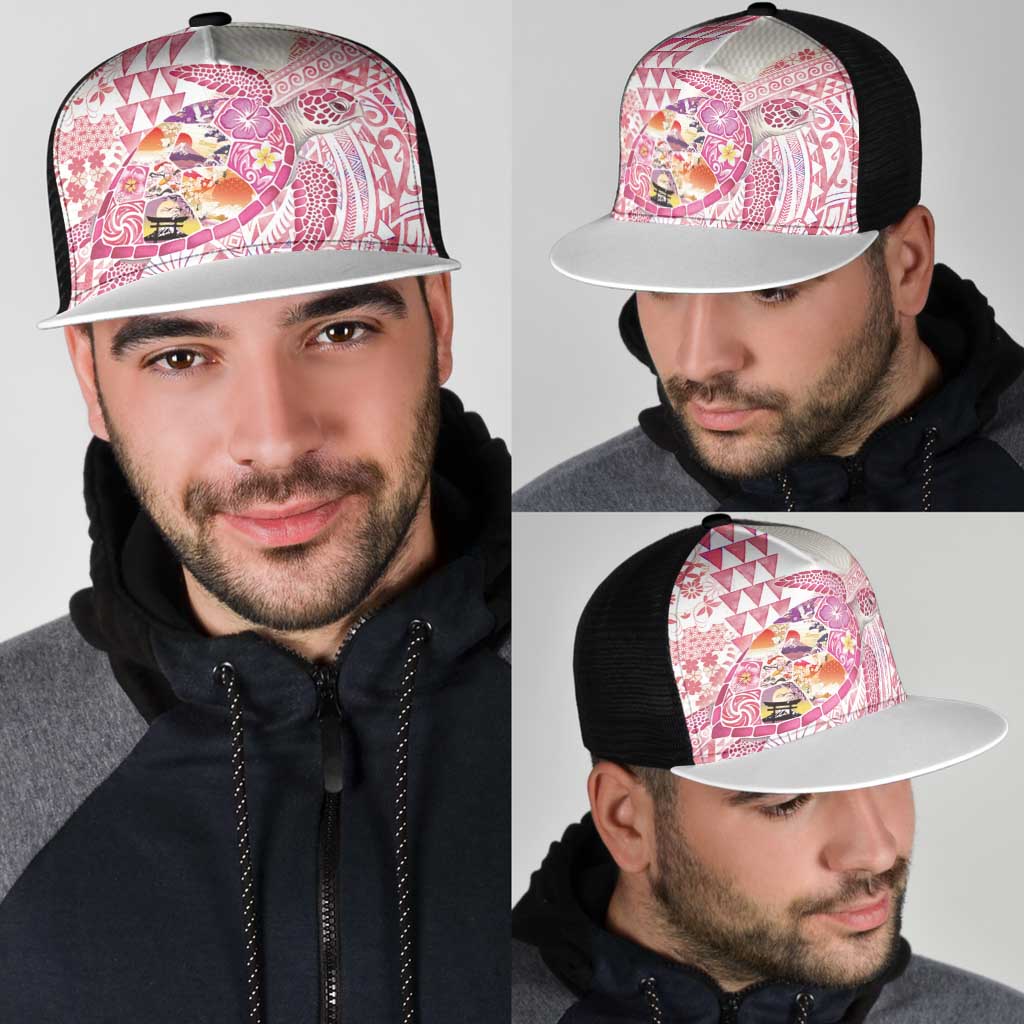 Hawaiian and Japanese Culture Together Mesh Trucker Cap Tropical Honu with Japanese Elements Pink Color LT03 - Polynesian Pride