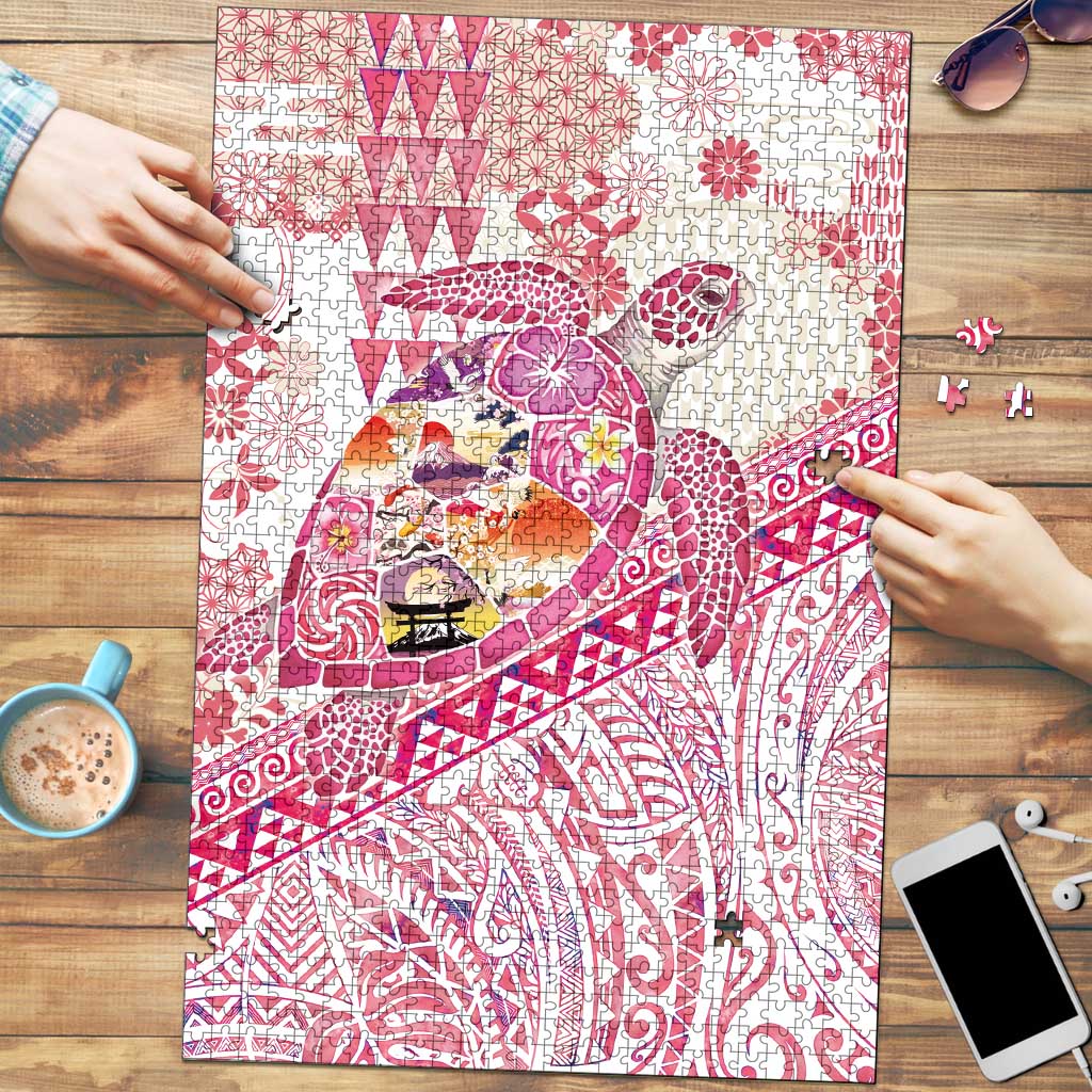 Hawaiian and Japanese Culture Together Puzzle Tropical Honu with Japanese Elements Pink Color LT03 Pink - Polynesian Pride