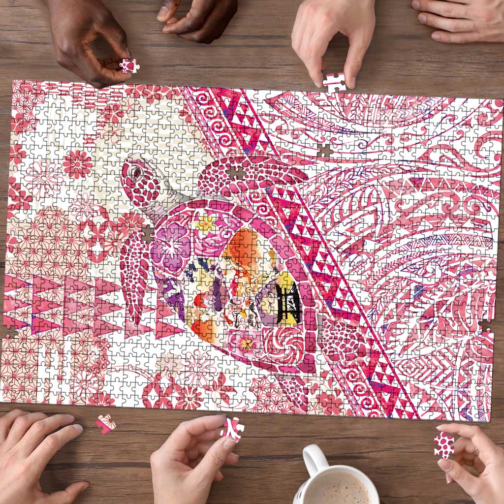 Hawaiian and Japanese Culture Together Puzzle Tropical Honu with Japanese Elements Pink Color LT03 - Polynesian Pride
