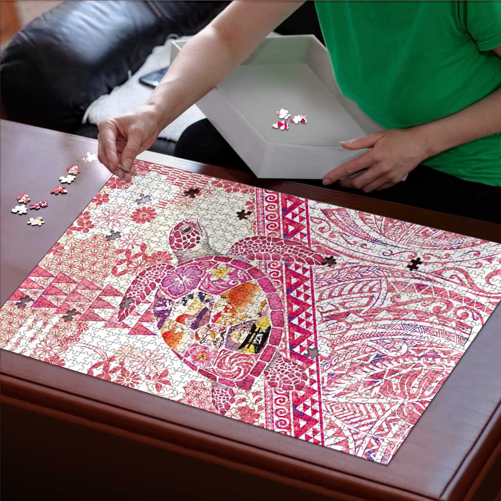 Hawaiian and Japanese Culture Together Puzzle Tropical Honu with Japanese Elements Pink Color LT03 - Polynesian Pride