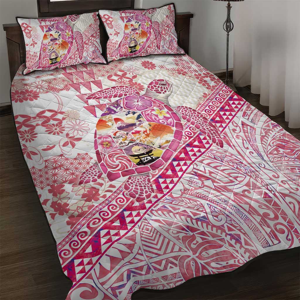 Hawaiian and Japanese Culture Together Quilt Bed Set Tropical Honu with Japanese Elements Pink Color LT03 Pink - Polynesian Pride