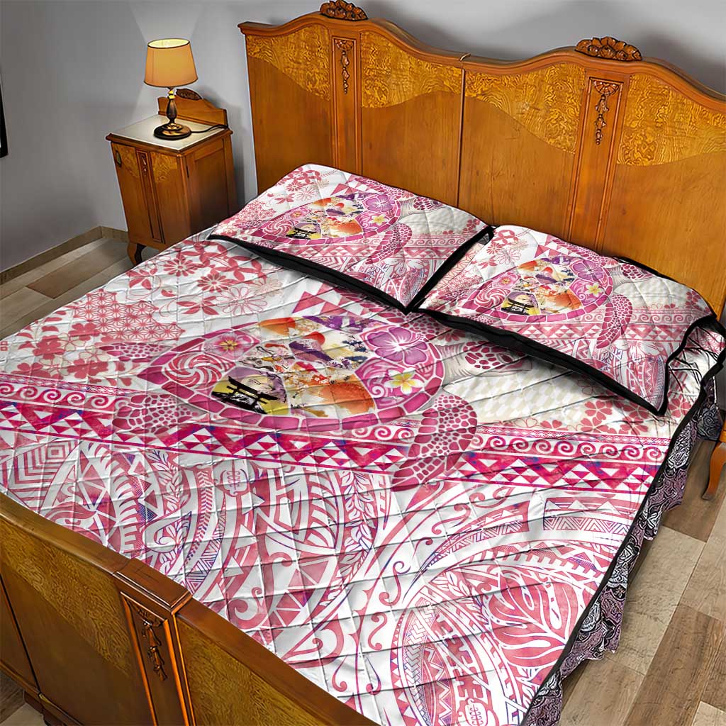 Hawaiian and Japanese Culture Together Quilt Bed Set Tropical Honu with Japanese Elements Pink Color LT03 - Polynesian Pride