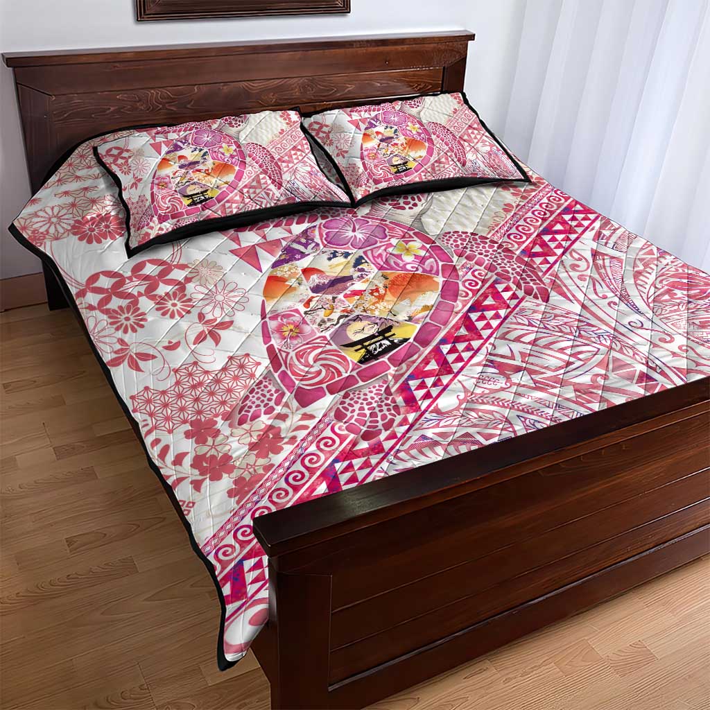 Hawaiian and Japanese Culture Together Quilt Bed Set Tropical Honu with Japanese Elements Pink Color LT03 - Polynesian Pride
