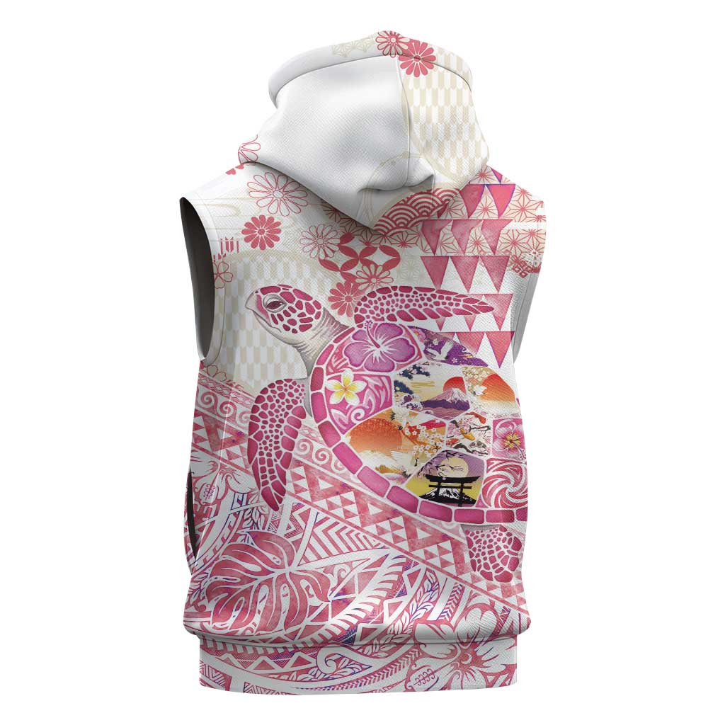 Hawaiian and Japanese Culture Together Sleeveless Hoodie Tropical Honu with Japanese Elements Pink Color