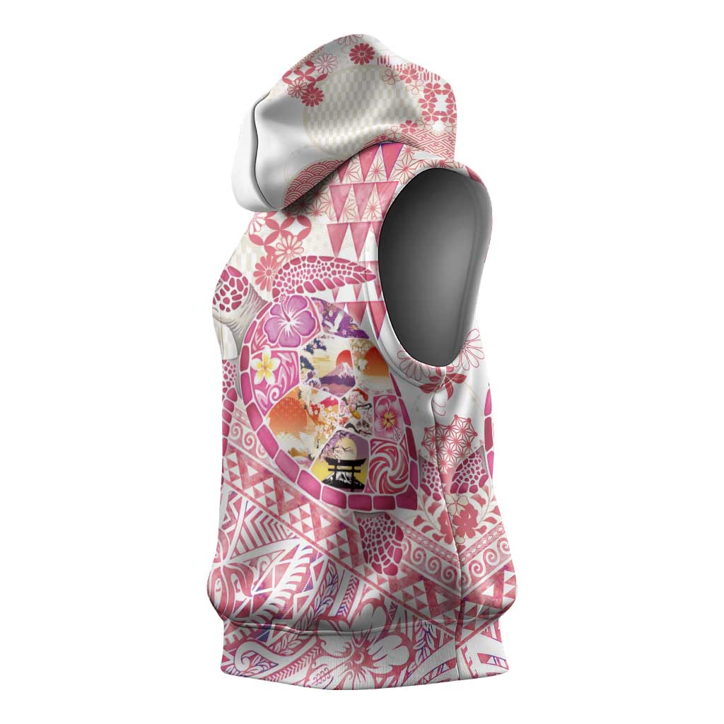 Hawaiian and Japanese Culture Together Sleeveless Hoodie Tropical Honu with Japanese Elements Pink Color