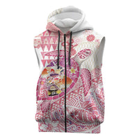 Hawaiian and Japanese Culture Together Sleeveless Zip Hoodie Tropical Honu with Japanese Elements Pink Color