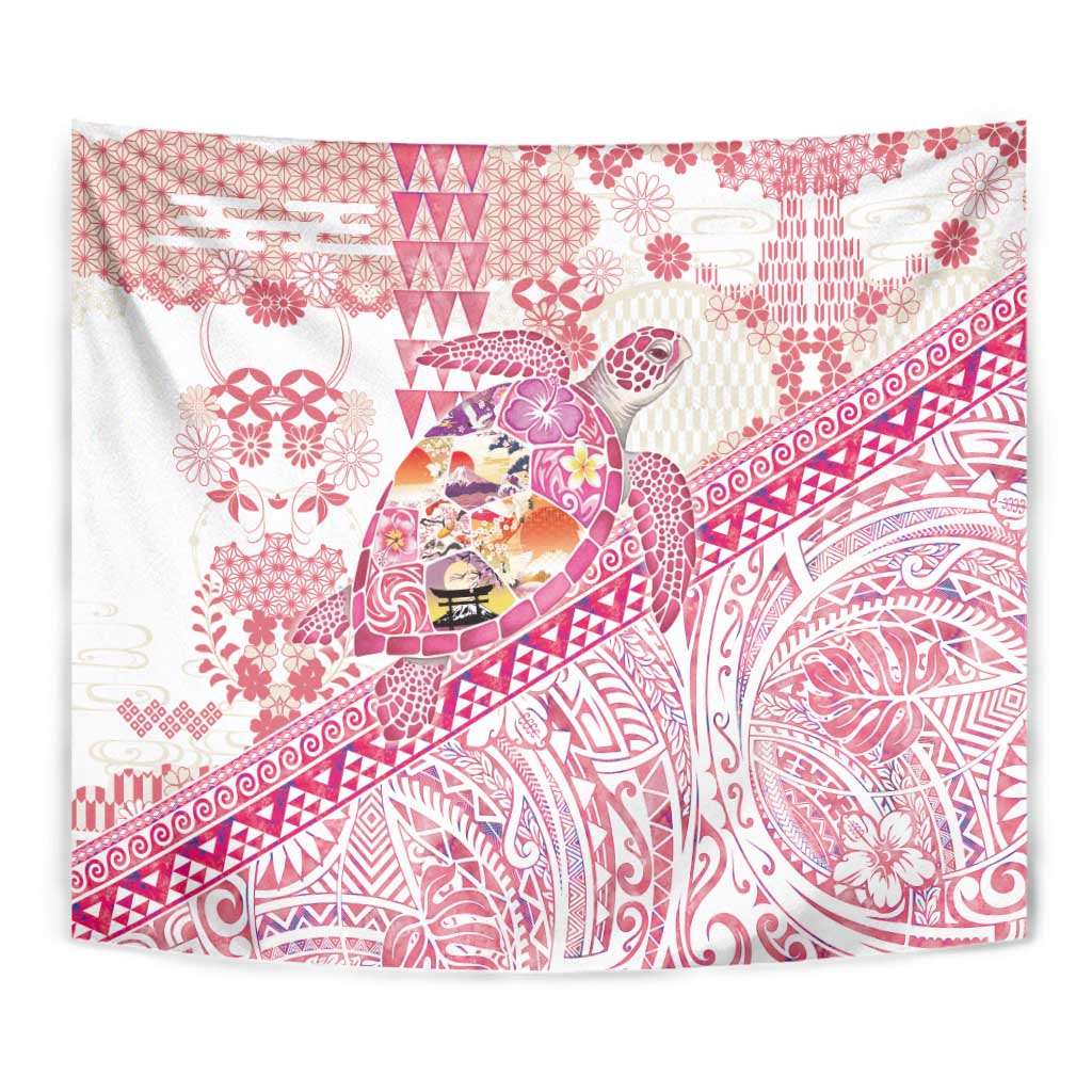 Hawaiian and Japanese Culture Together Tapestry Tropical Honu with Japanese Elements Pink Color LT03 - Polynesian Pride