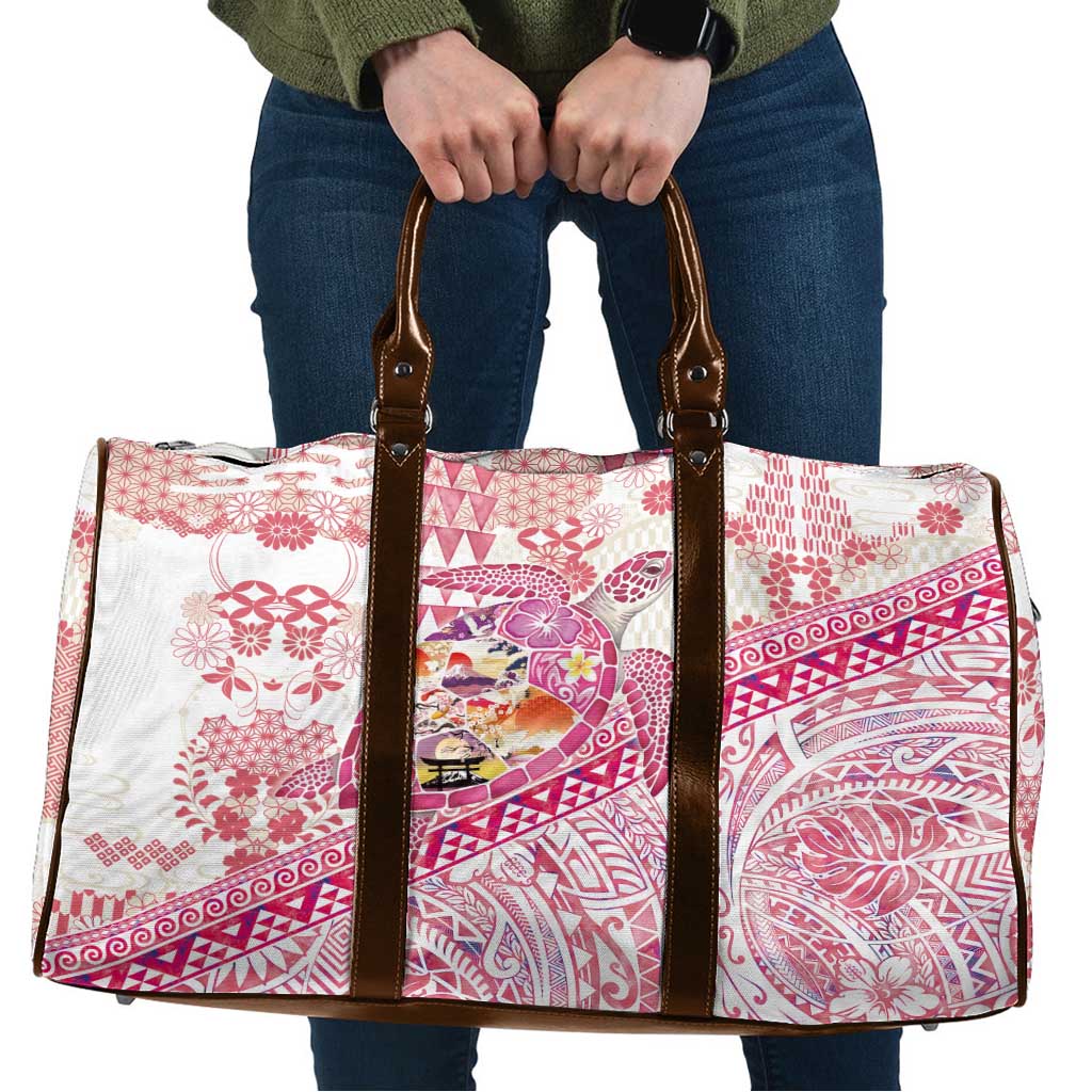 Hawaiian and Japanese Culture Together Travel Bag Tropical Honu with Japanese Elements Pink Color