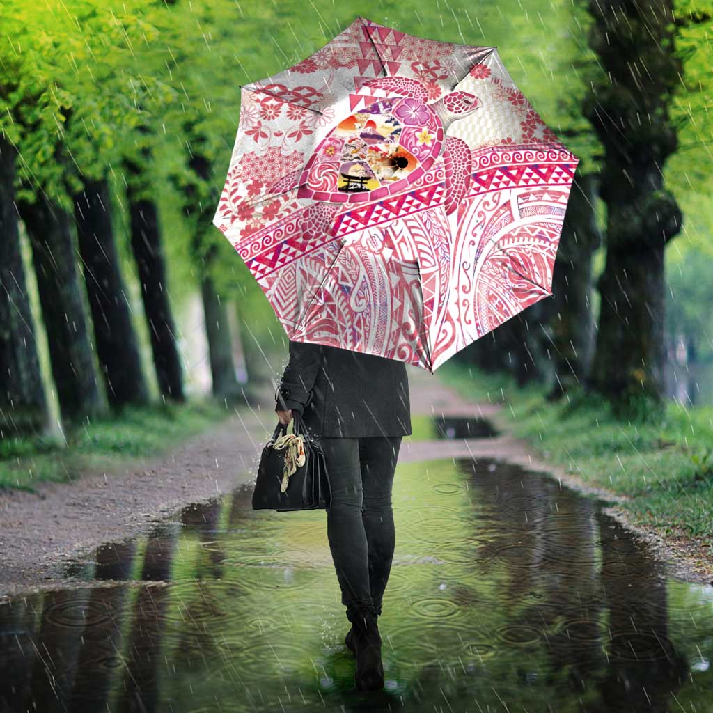 Hawaiian and Japanese Culture Together Umbrella Tropical Honu with Japanese Elements Pink Color