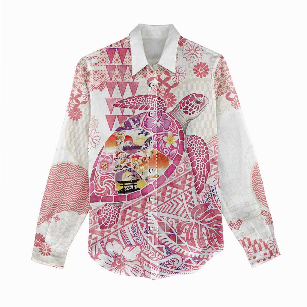 Hawaiian and Japanese Culture Together Women Casual Shirt Tropical Honu with Japanese Elements Pink Color