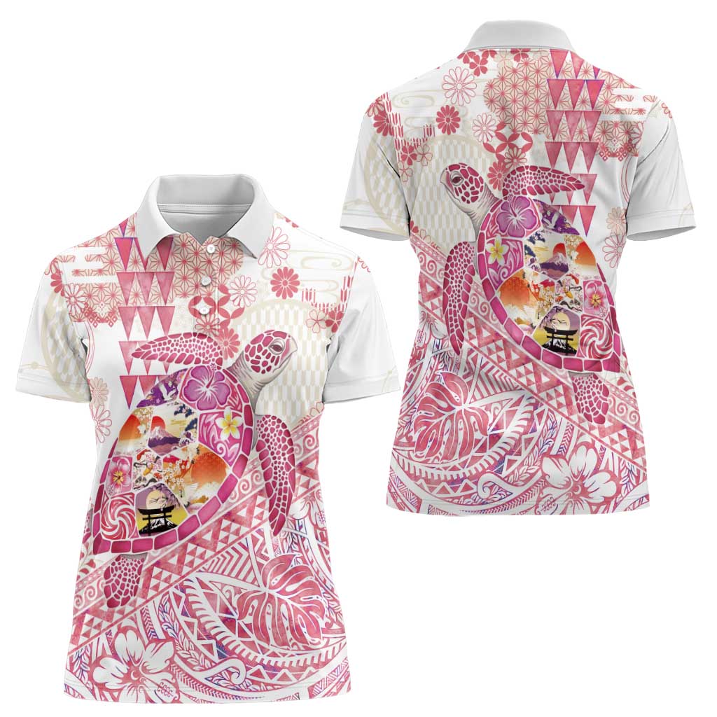 Hawaiian and Japanese Culture Together Women Polo Shirt Tropical Honu with Japanese Elements Pink Color