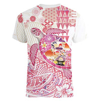 Hawaiian and Japanese Culture Together Women V-Neck T-Shirt Tropical Honu with Japanese Elements Pink Color
