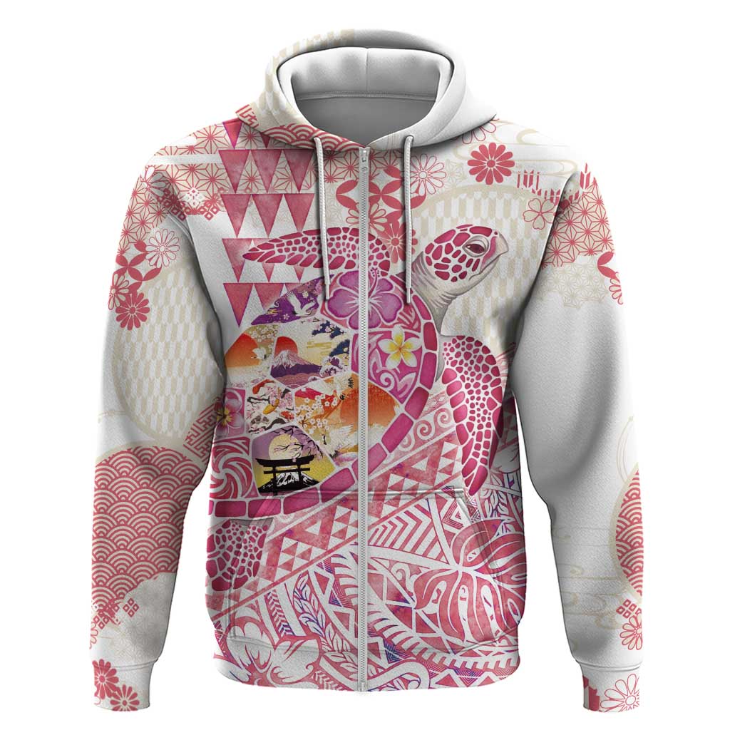 Hawaiian and Japanese Culture Together Zip Hoodie Tropical Honu with Japanese Elements Pink Color LT03 Zip Hoodie Pink - Polynesian Pride