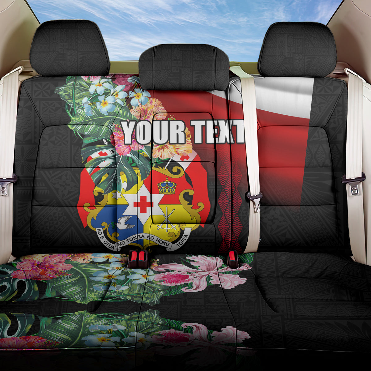 Personalised Tonga Emancipation Day Back Car Seat Cover Flag Map and Hibiscus Flower Ngatu Pattern LT03