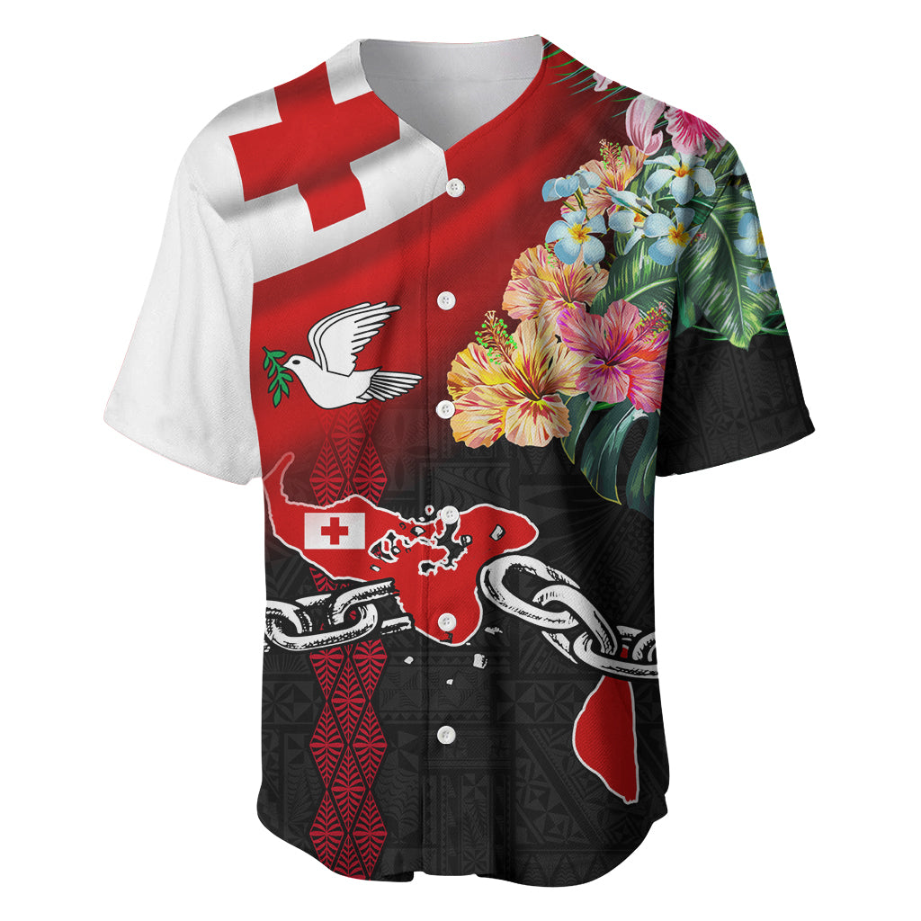 Personalised Tonga Emancipation Day Baseball Jersey Flag Map and Hibiscus Flower Ngatu Pattern LT03 Black - Polynesian Pride