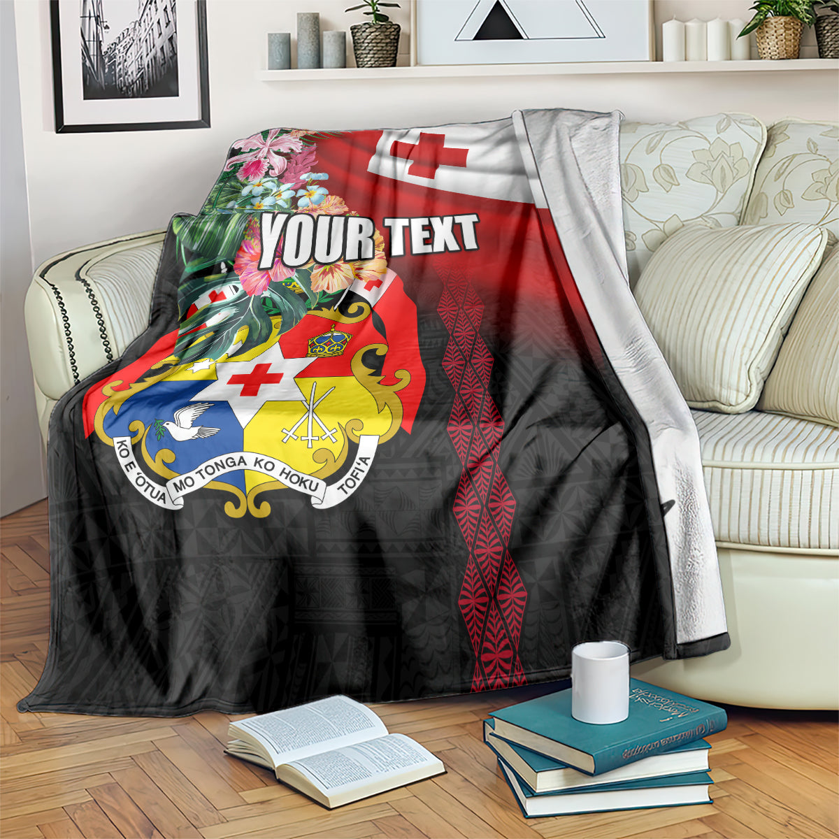 Personalised Tonga Emancipation Day Blanket Flag Map and Hibiscus Flower Ngatu Pattern