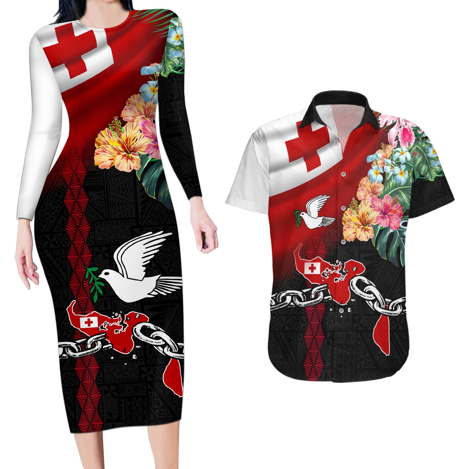 Personalised Tonga Emancipation Day Couples Matching Long Sleeve Bodycon Dress and Hawaiian Shirt Flag Map and Hibiscus Flower Ngatu Pattern LT03 Black - Polynesian Pride